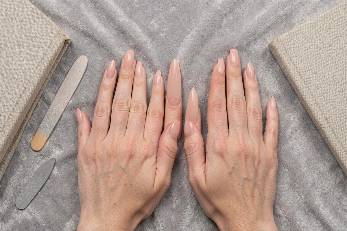 Comparaison de trois formes d'ongles en gel nude : ballerine, amande et coffin, sur une surface en velours gris pour illustrer les techniques de pinçage