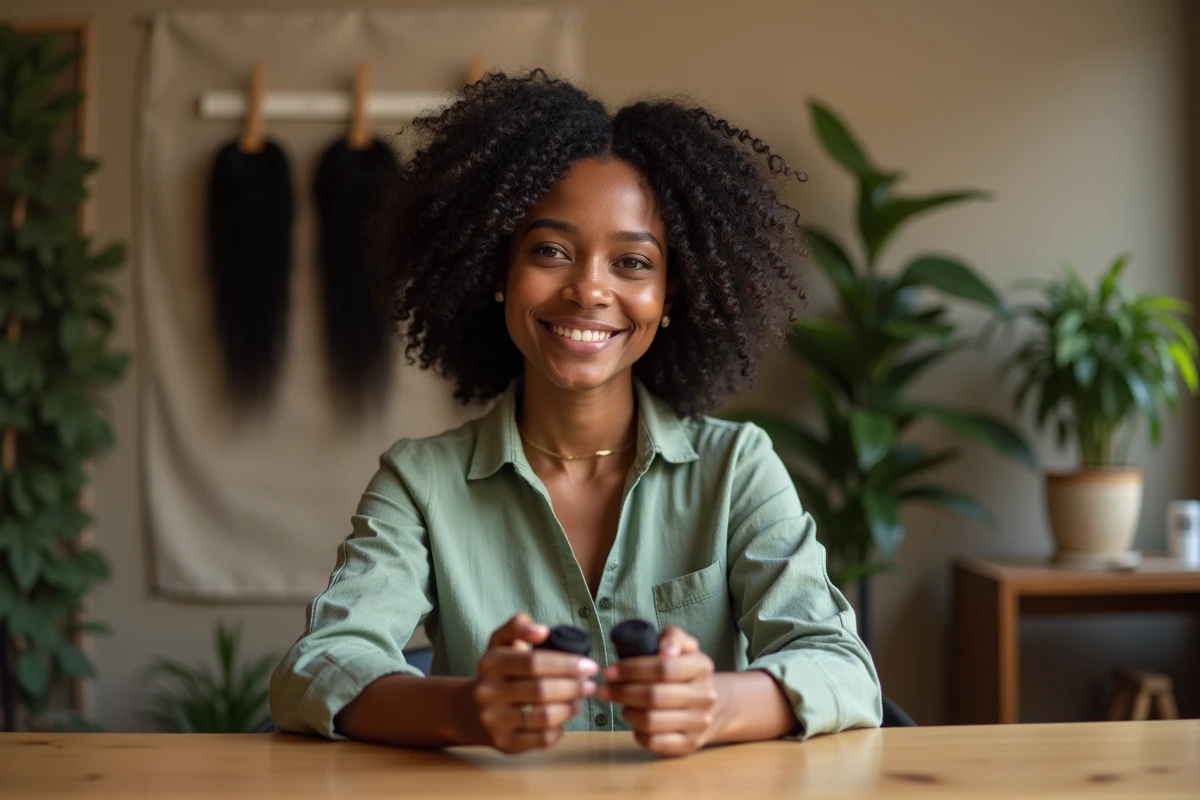 Comparaison de mèches afro avec différentes textures de boucles dans une boutique capillaire
