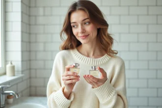 Jeune femme comparant deux flacons de parfum dupe dans une salle de bain minimaliste au style parisien