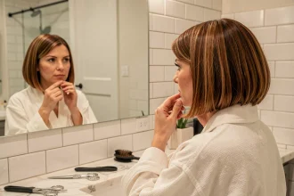 Femme aux cheveux fins avec une coupe carré dégradé fraîchement réalisée à la maison, assise devant un miroir de salle de bain moderne
