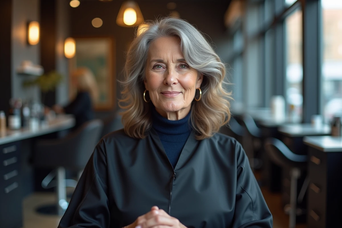 Femme de 70 ans en salon de coiffure avec une coupe mi-long aux épaules, reflets gris naturels et ondulations douces
