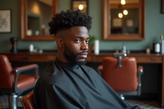 Homme aux cheveux bouclés avec une coupe taper fade réalisée dans un salon de coiffure, vue de trois quarts