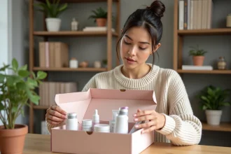 Femme déballant une box beauté mensuelle avec des produits cosmétiques sur un bureau en bois dans un intérieur cosy