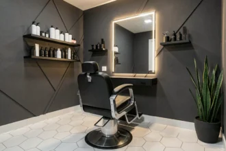 Salon de coiffure à domicile décoré avec une chaise de barbier noire, un miroir encadré et des étagères minimalistes dans une chambre convertie