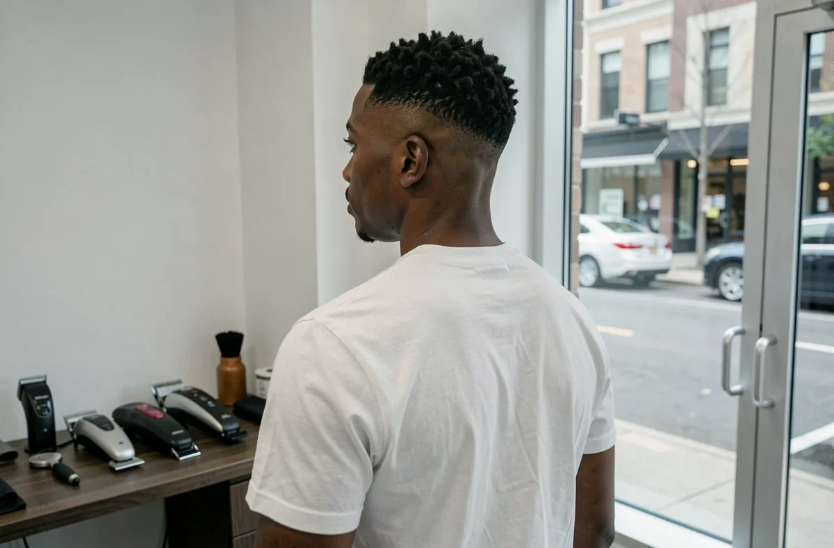 Jeune homme de dos avec un dégradé afro haut et une mise au carré nette, dans un barbershop contemporain minimaliste