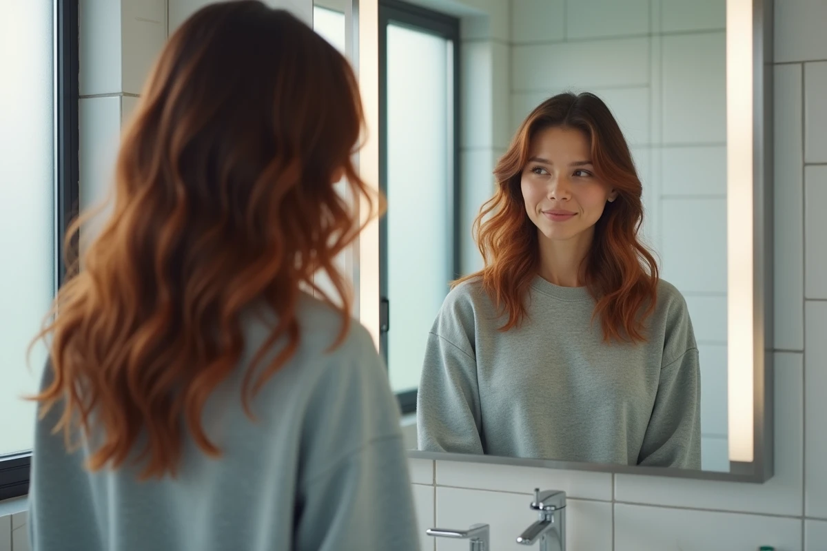 Femme examinant son dégradé sur cheveux épais mi-longs devant un miroir de salle de bain
