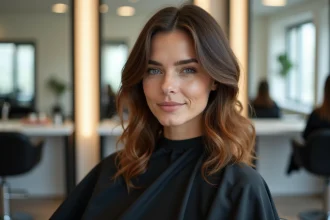 Femme aux cheveux épais mi-longs avec un dégradé fraîchement coupé dans un salon de coiffure moderne