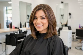 Femme aux cheveux mi-longs en dégradé longueur adapté à un visage ovale, assise dans un salon de coiffure moderne