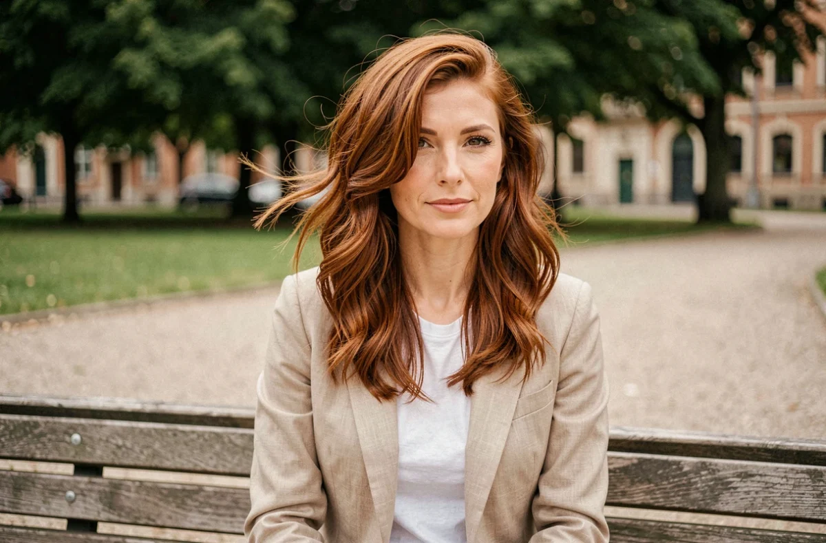 Femme au visage en cœur arborant un dégradé longueur ondulé roux en extérieur dans un parc urbain, coupe adaptée à la forme de son visage