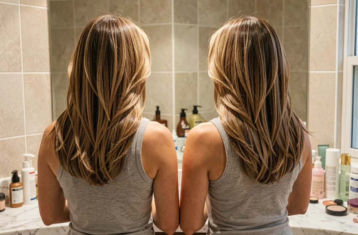 Femme avec un visage rond et un dégradé longueur long qui allonge la silhouette, observant sa coupe dans un miroir de salle de bain