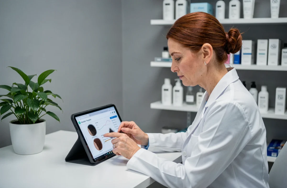 Dermatologue analysant des résultats sur tablette concernant un traitement anti-chute de cheveux Lazartigue