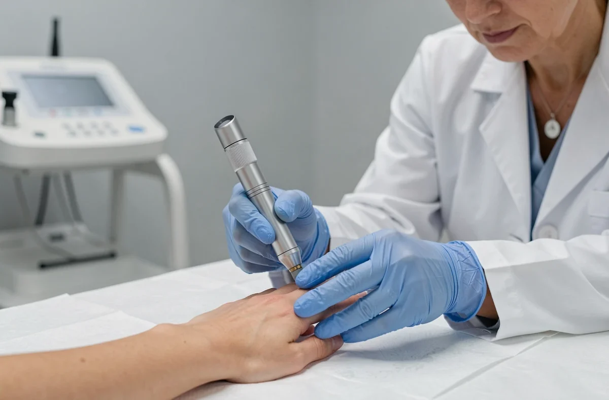 Dermatologue en blouse blanche examinant un ongle fendu d'un patient avec un dermatoscope lors d'une consultation médicale