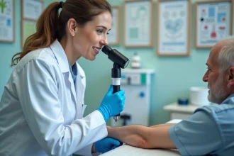Dermatologue examinant la peau d'un patient avant un traitement laser pour évaluer les contre-indications