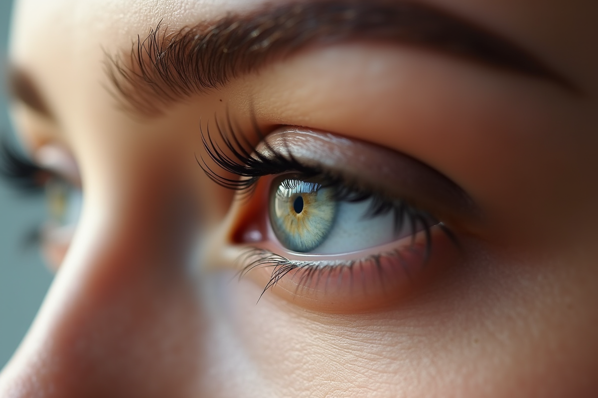 Zoom sur un œil avec maquillage subtil et cils longs