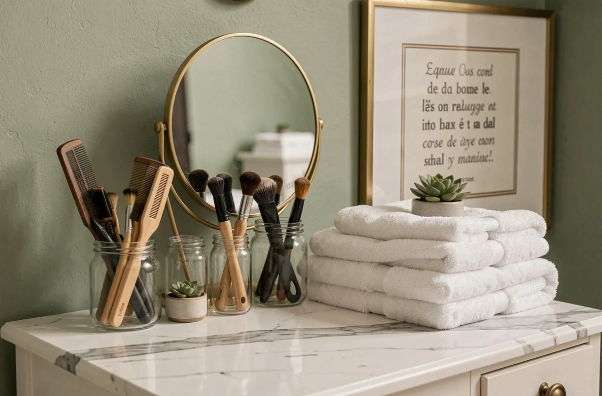 Détail d'une station de coiffure à domicile avec miroir laiton, pots en verre et serviettes blanches sur un plan de travail en marbre