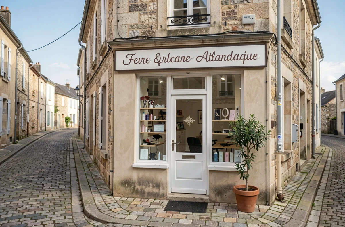 Devanture d'un salon de coiffure dans une rue pittoresque du village de La Chapelle-Heulin en Loire-Atlantique