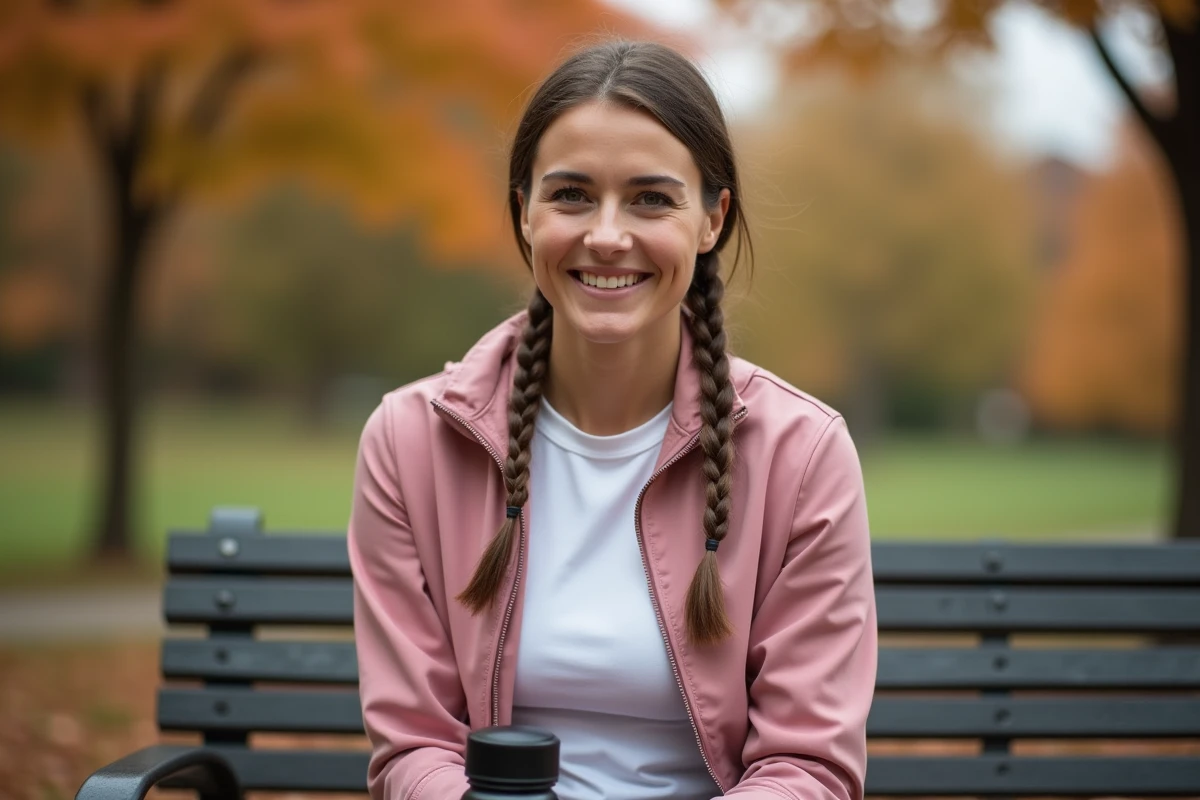 Femme avec deux tresses plates courtes et sans frisottis après une séance de sport en extérieur, coiffure pratique pour activité physique intense