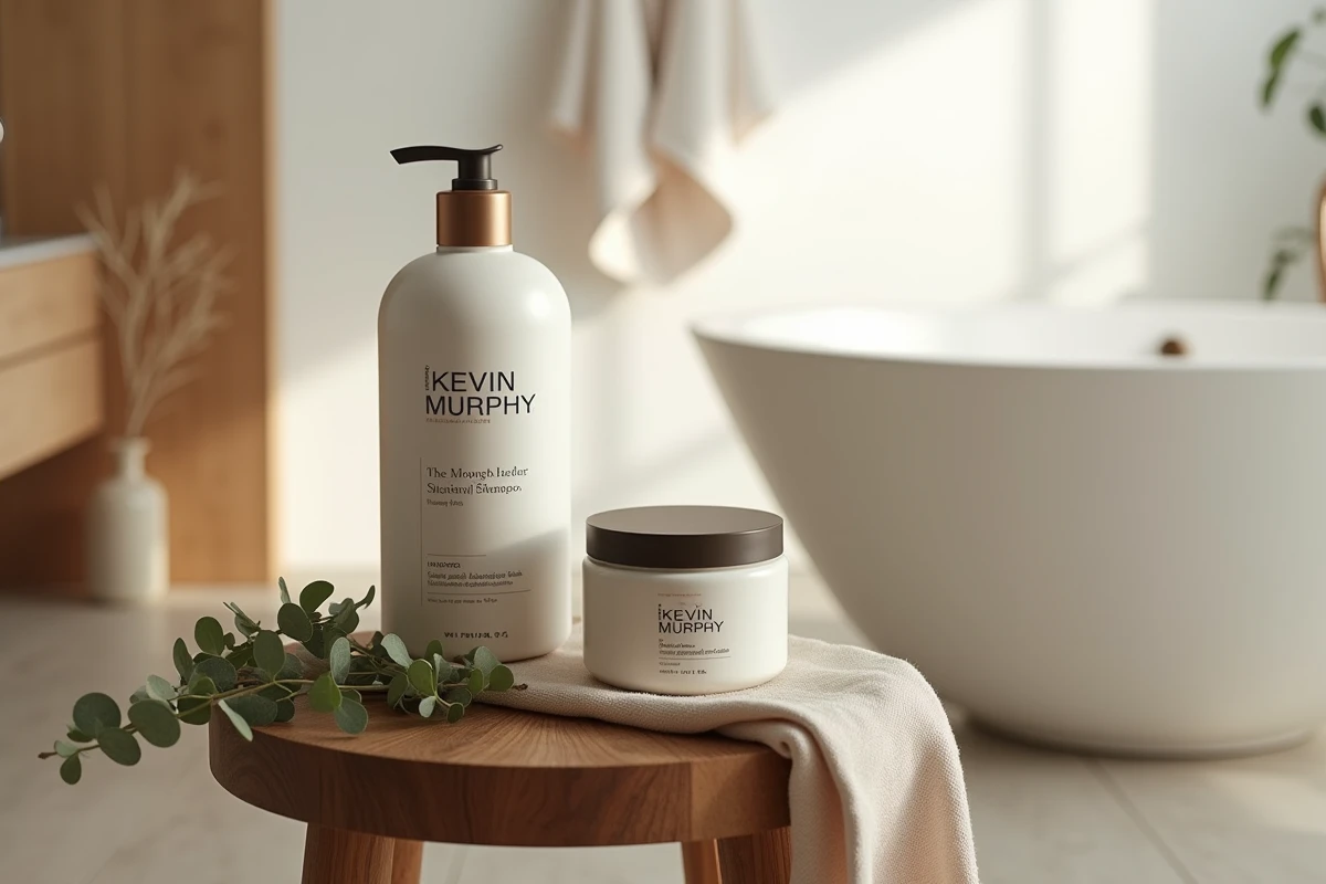 Duo de soins capillaires Kevin Murphy shampoing et masque disposés sur un tabouret en bois avec des branches d'eucalyptus dans une salle de bain scandinave