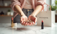 Main d'une femme tenant des petits échantillons de beauté Sephora sur un marbre lumineux