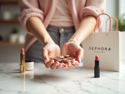 Main d'une femme tenant des petits échantillons de beauté Sephora sur un marbre lumineux