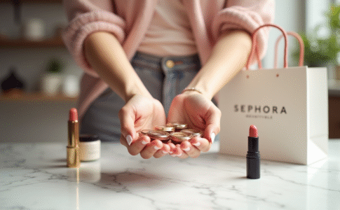 Main d'une femme tenant des petits échantillons de beauté Sephora sur un marbre lumineux