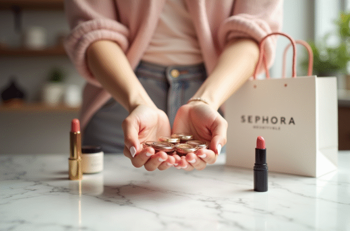 Main d'une femme tenant des petits échantillons de beauté Sephora sur un marbre lumineux