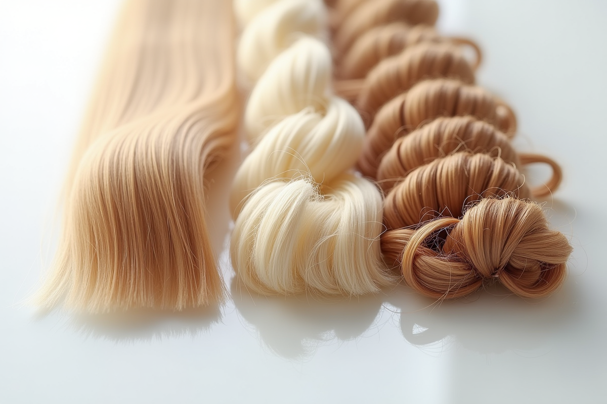 Gros plan sur trois échantillons de cheveux lisses ondulés et bouclés sur surface blanche