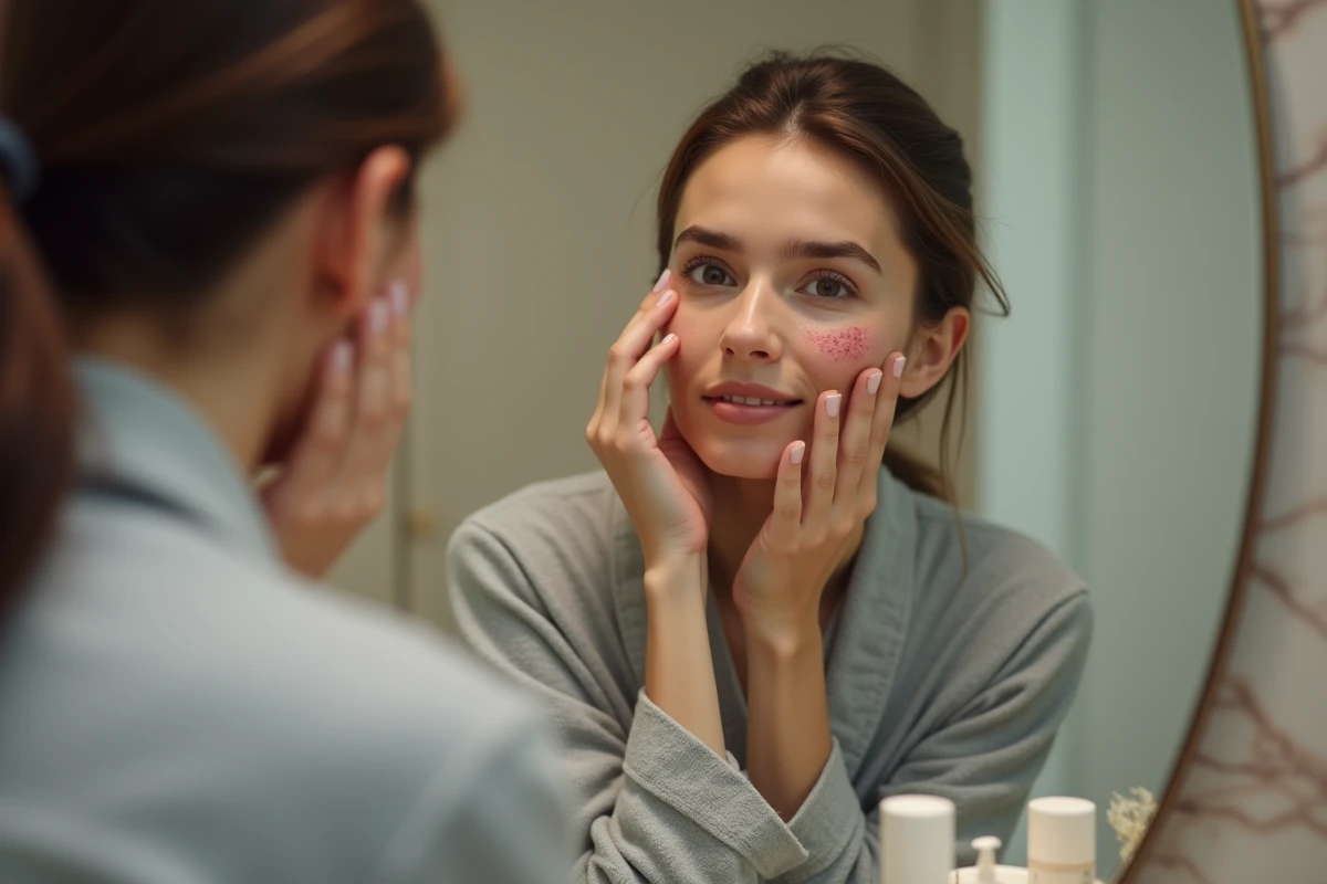 Femme observant une rougeur cutanée sur son visage suite à un traitement laser, illustrant les effets secondaires possibles