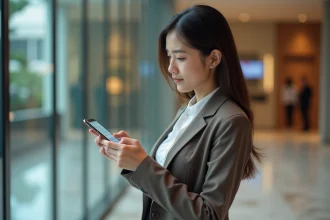 Employée L'Oréal consultant une application de vente au personnel sur son smartphone dans un hall d'entreprise moderne