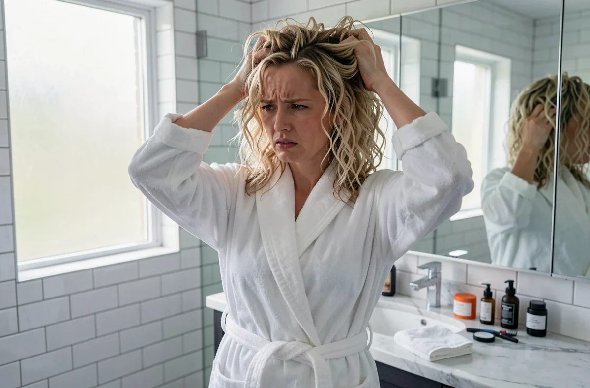 Femme aux cheveux bouclés blonds mi-longs passant les doigts dans ses cheveux avec un dégradé inégal dans une salle de bain moderne