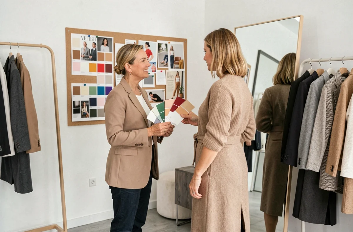 Séance de conseil en image chez Essai Transformé Relooking à Pau, avec consultante en style présentant des nuanciers de couleurs à une cliente devant un miroir