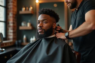 Jeune homme en train de se faire tailler un fade tapered dans un salon de coiffure professionnel