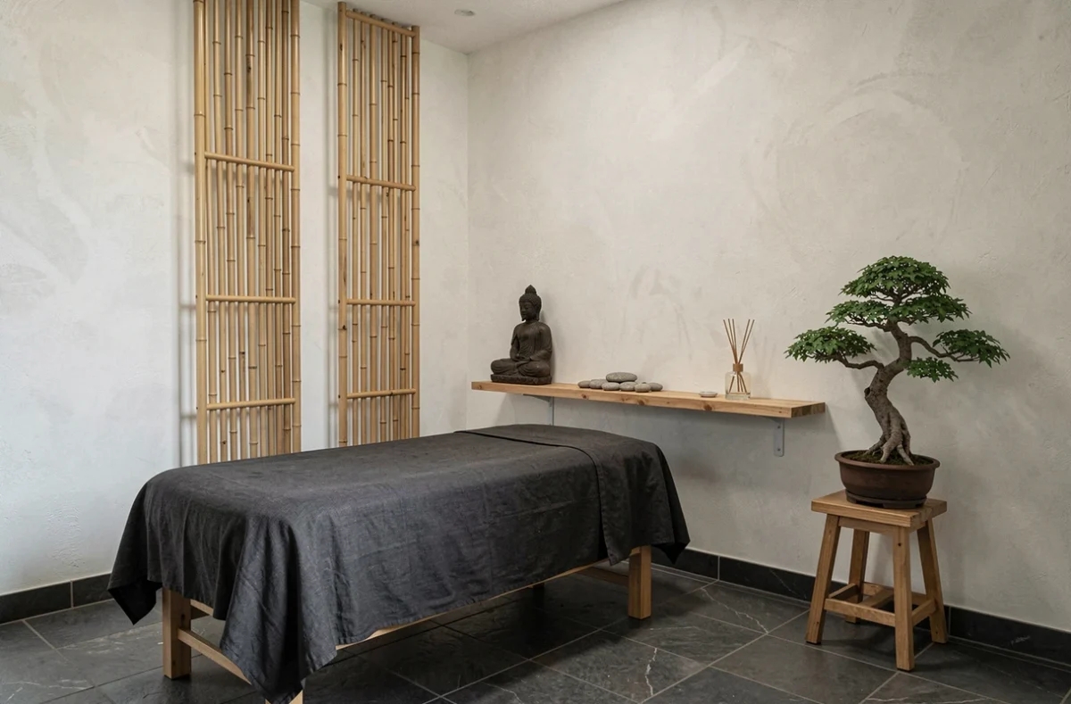 Espace bien-être zen minimaliste avec lit de soin en lin sombre et décor japonisant