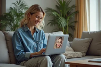 Femme utilisant une application de coiffure numérique à la maison