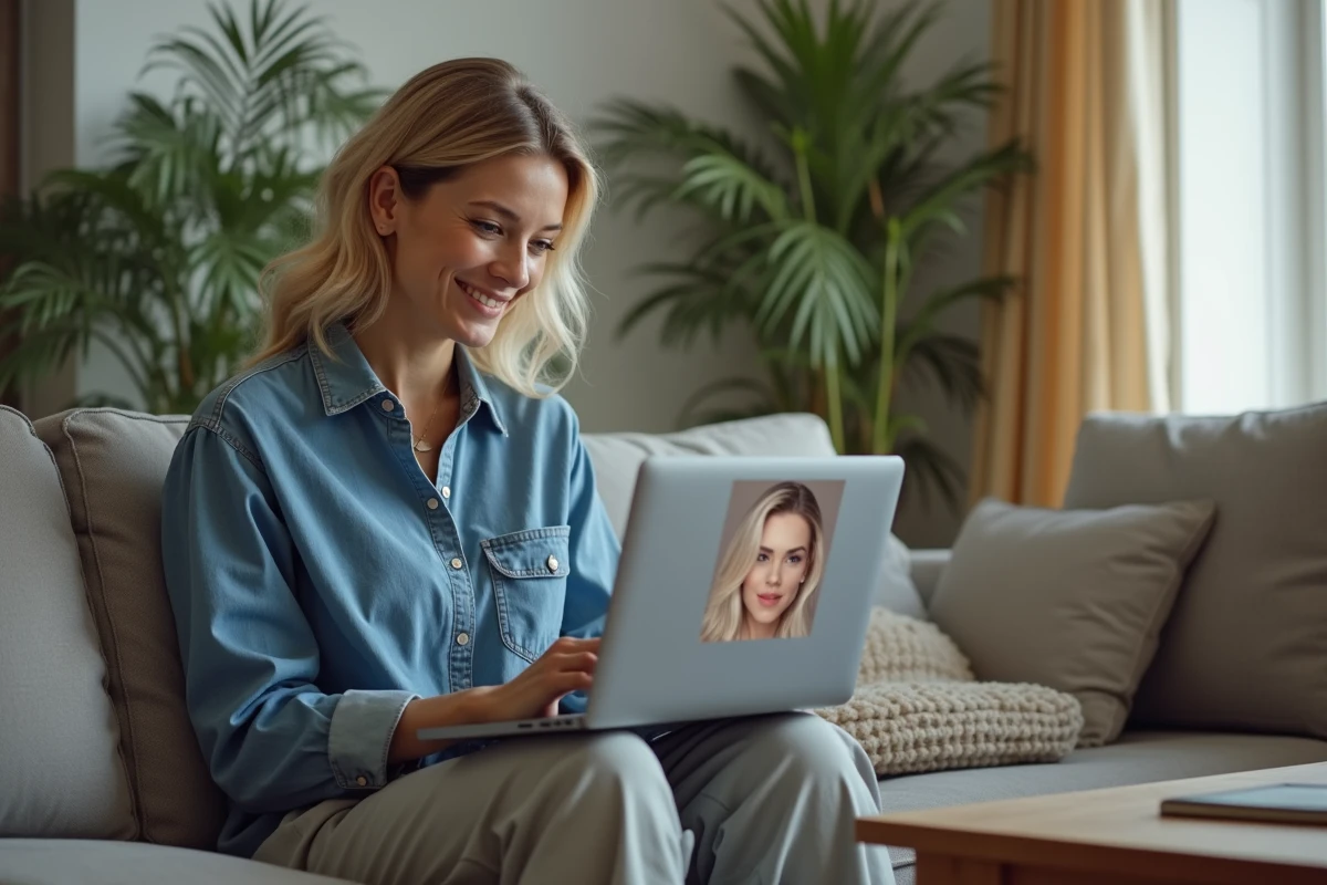 Femme utilisant une application de coiffure numérique à la maison