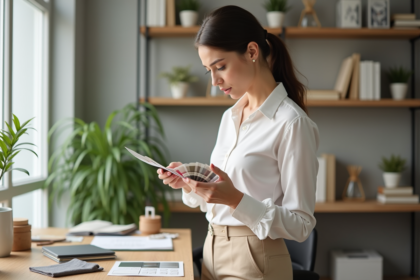 Femme stylée examinant un cercle chromatique dans un bureau lumineux