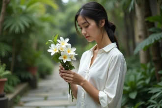 Femme en blouse blanche tenant un bouquet de jasmin dans un jardin balinais