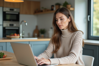 Femme assise à une table de cuisine moderne avec ordinateur portable