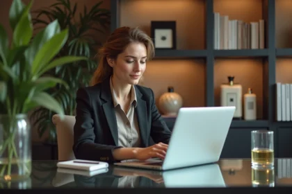 Femme élégante au bureau regardant une boutique de parfums