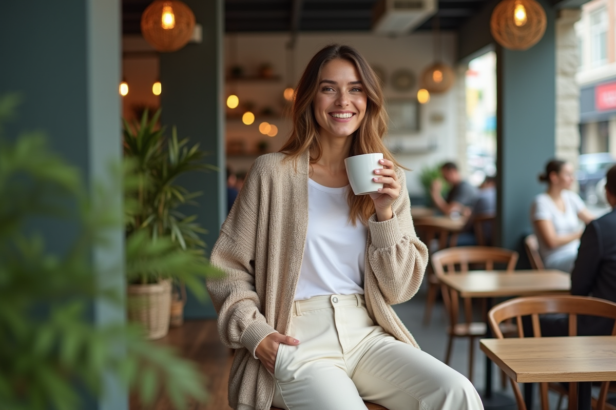 Femme détendue avec cardigan beige dans un café urbain