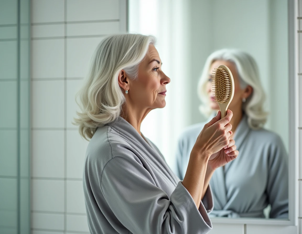 Femme aux cheveux blancs argentés tenant une brosse avec des cheveux perdus dans une salle de bain moderne, lien entre blanchiment et chute de cheveux