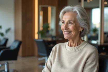 Femme mature examine ses cheveux blancs dans un salon de coiffure