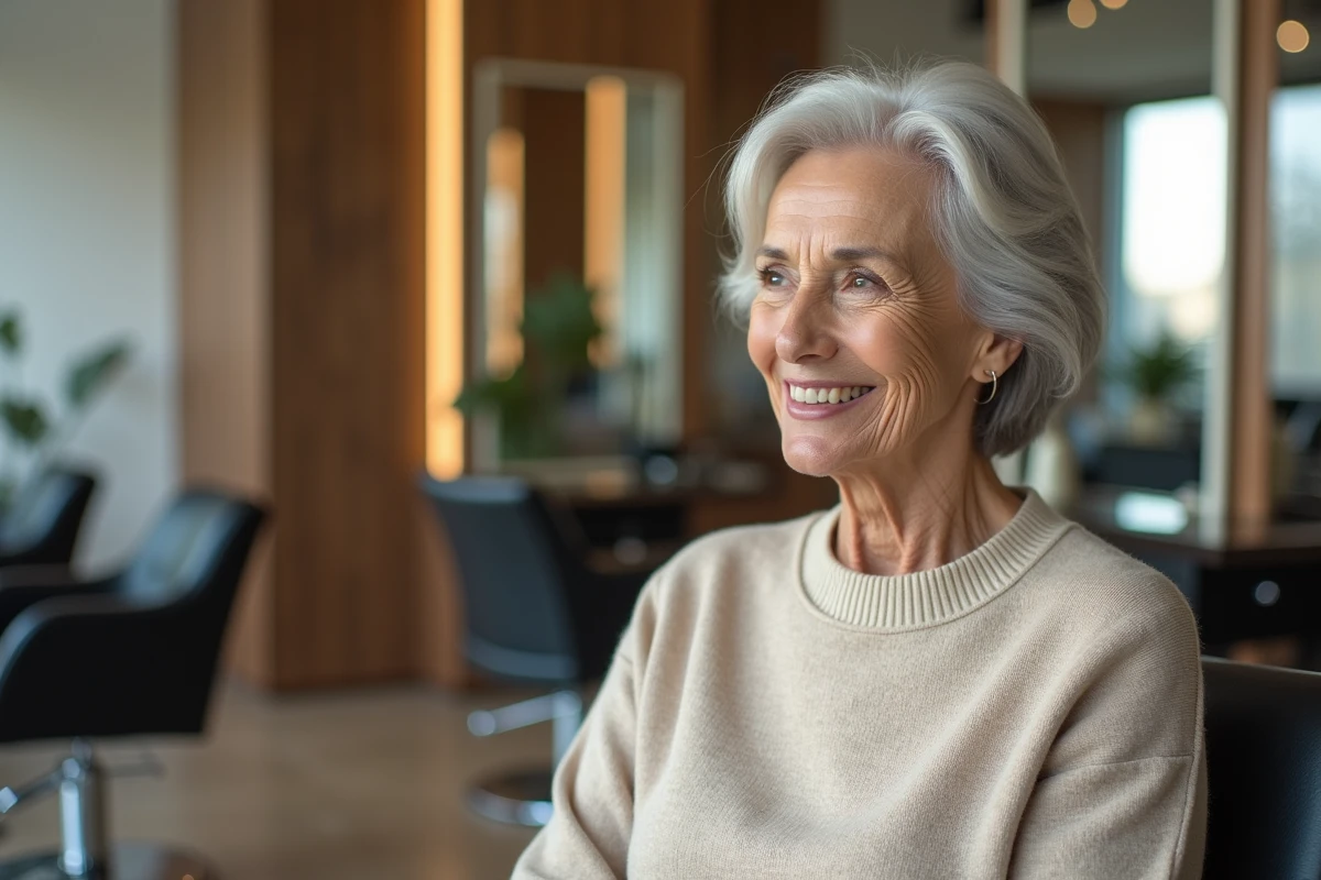 Femme mature examine ses cheveux blancs dans un salon de coiffure