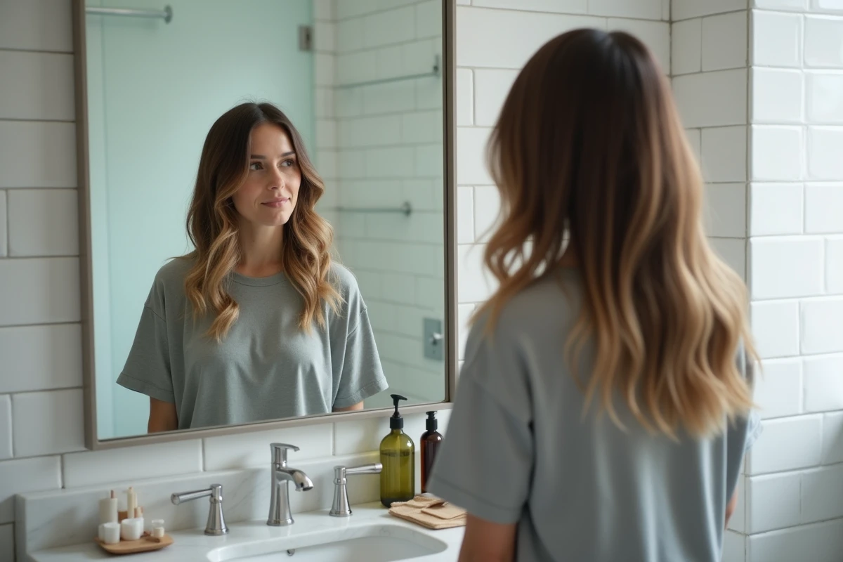 Femme examinant ses cheveux naturels après le retrait d'extensions à domicile dans une salle de bain