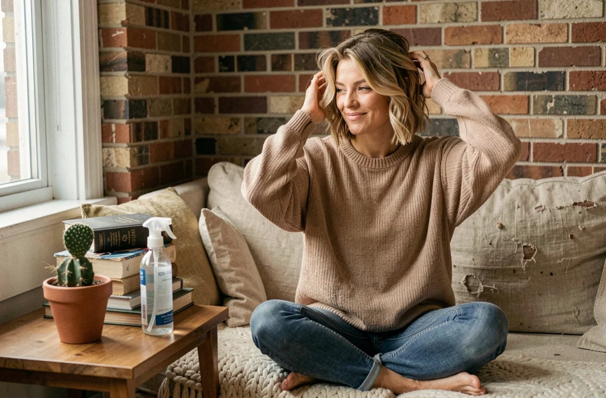 Jeune femme aux cheveux texturés et naturels coiffés au sea salt spray dans un intérieur chaleureux et décoré avec soin