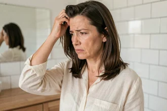 Femme examinant sa chute de cheveux dans une salle de bain moderne, utilisant un traitement Lazartigue Stronger et Thicker