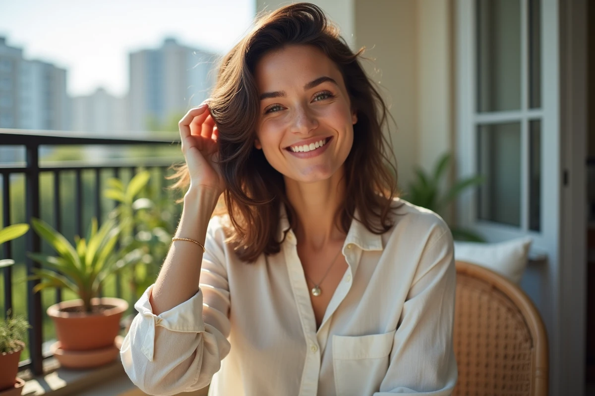 Femme coiffant ses cheveux en extérieur sur un balcon urbain
