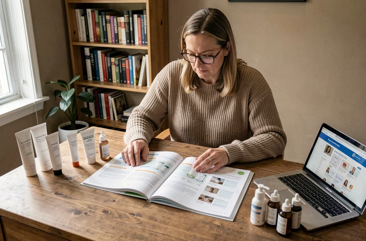 Femme comparant des brochures de produits de soin de la peau sur un bureau à domicile pour trouver une alternative à Nuvaskin