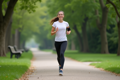 Femme sportive courant dans un parc urbain en leggings
