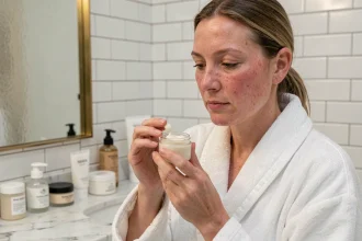 Femme aux joues rouges appliquant une crème apaisante pour rosacée dans une salle de bain lumineuse
